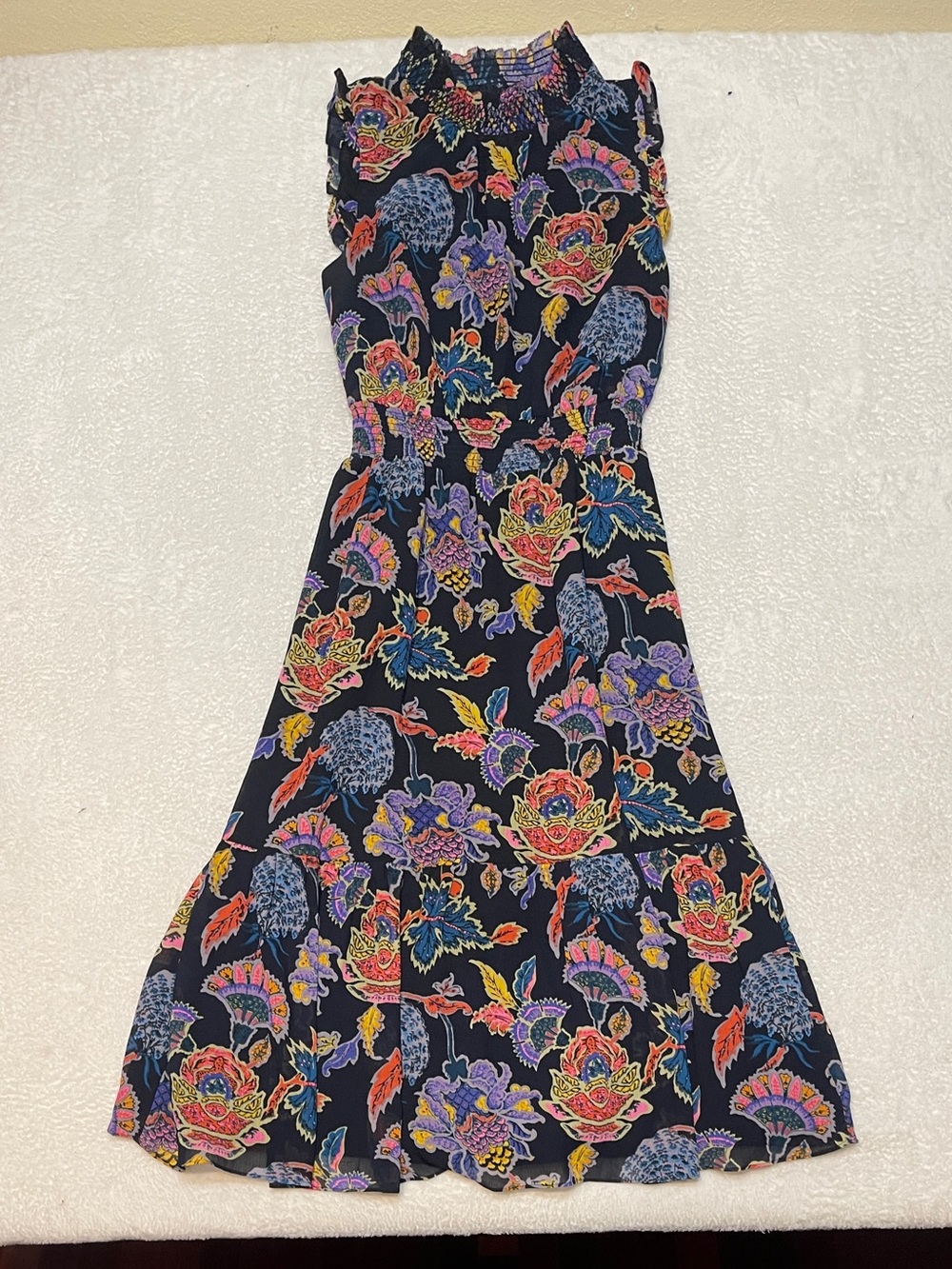 J. Crew Smocked Waist Bold Floral Print High Neck Sleeveless Summer Dress XS - Picture 13 of 15